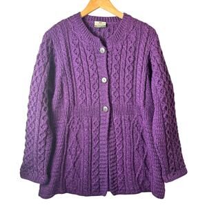 Carraig Donn Irish Aran Cable Knit Fisherman Cardigan XL Pure Merino Wool Purple